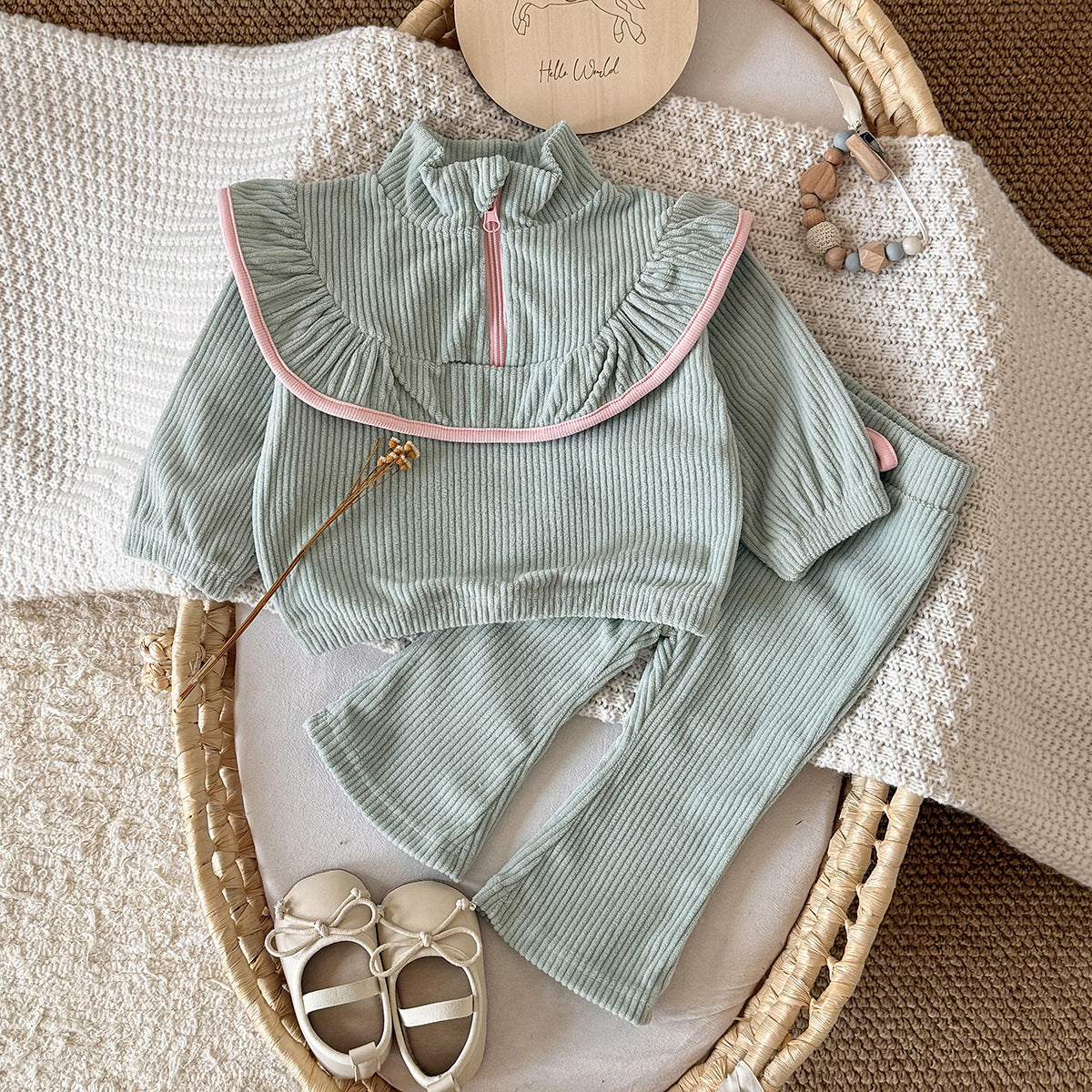Solid color corduroy suit sweatshirt and pants two-piece set