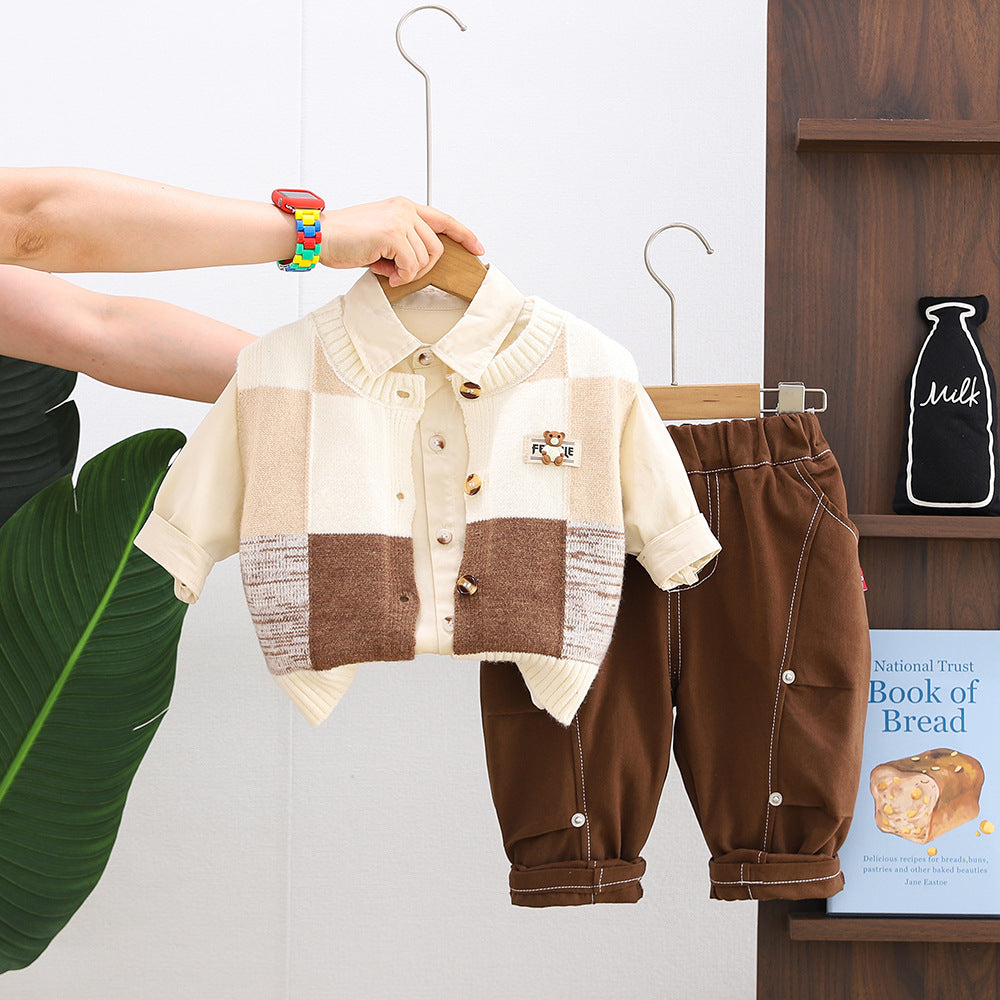 Boy Plaid Knit Vest, Shirt & Brown Pants Set