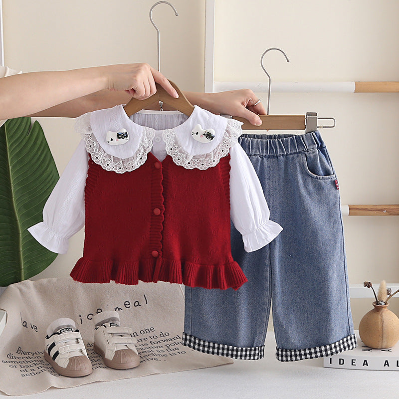 Girl Lace Collar Knit Vest, Shirt & Denim Pants Set