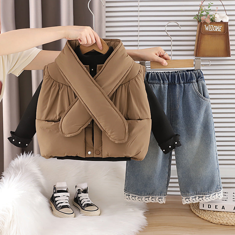 Girl Casual Puff Vest Denim Lace Trim Pants 3-Piece Set