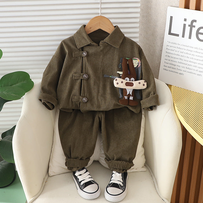 Boy Cartoon Patch Detail Corduroy Shirt & Pants Set