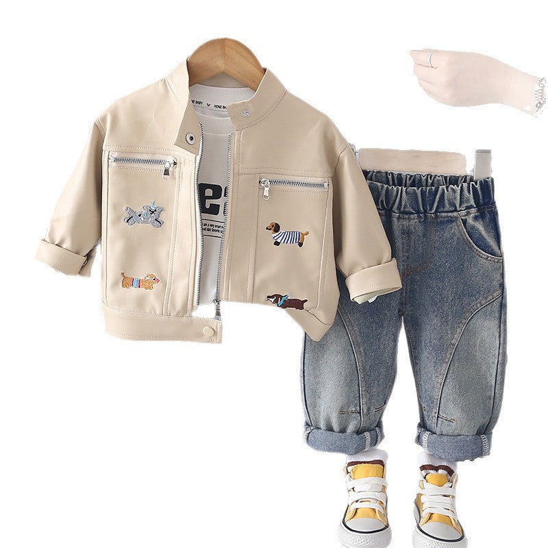 Boy Puppy Embroidered Faux Leather Jacket & Denim Pants Set