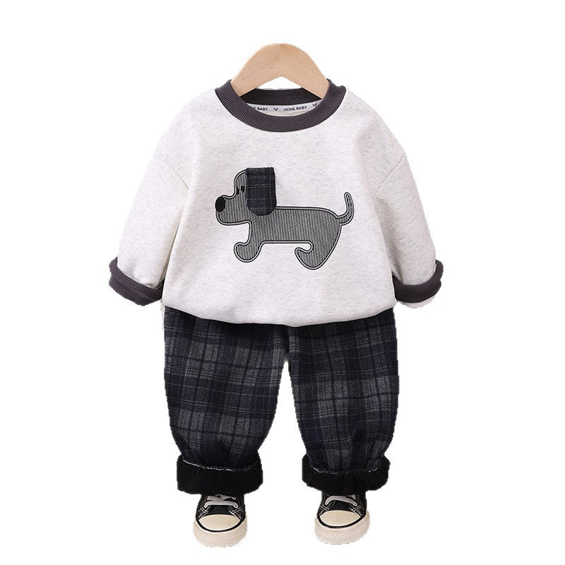 Boy Puppy Applique Sweatshirt & Plaid Pants 2-Piece Set