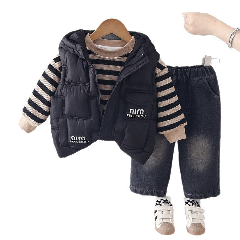 Boy Striped Sweater, Vest & Denim Pants 3-Piece Set