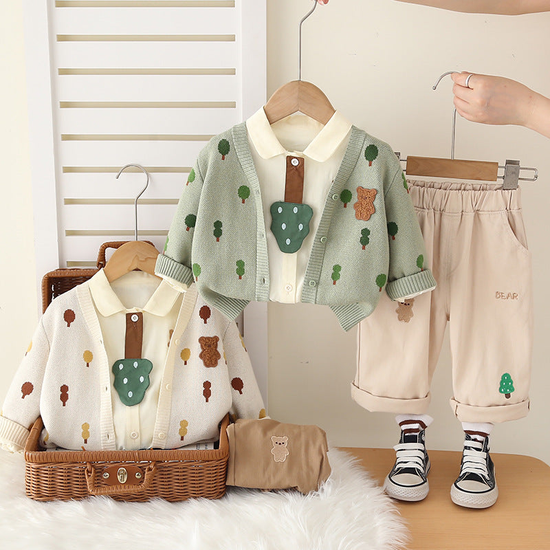 Boy Forest Tree Knit Cardigan Shirt & Pants Set