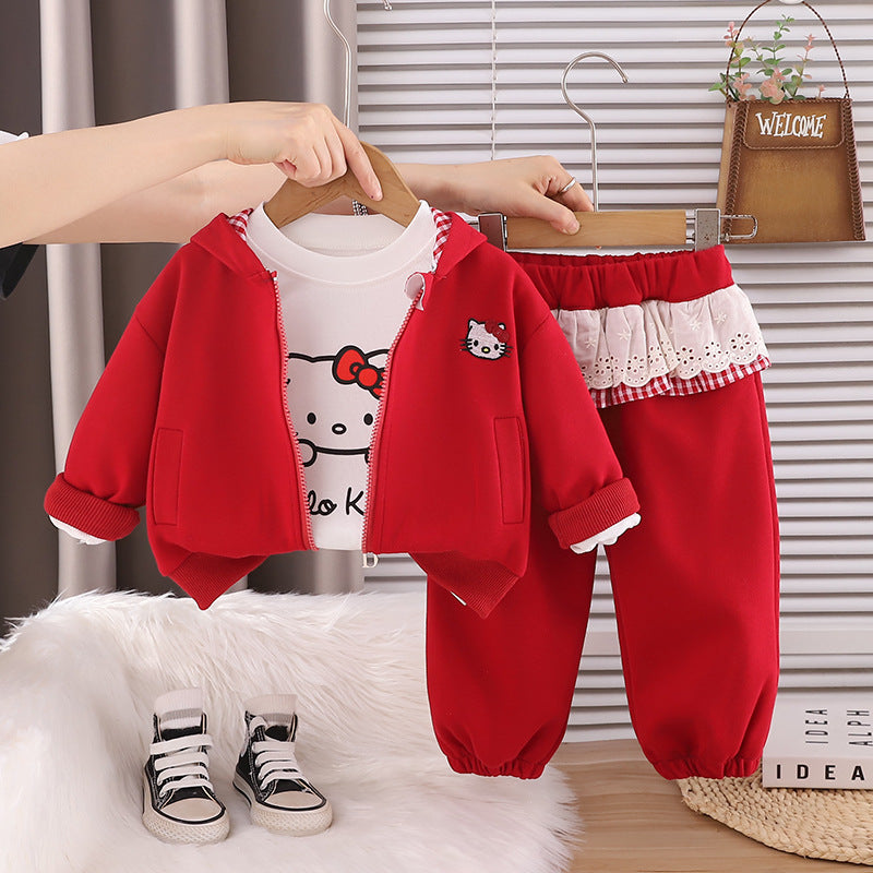 Girls Autumn Cartoon Long Sleeve Jacket 3 Piece Outfit Set