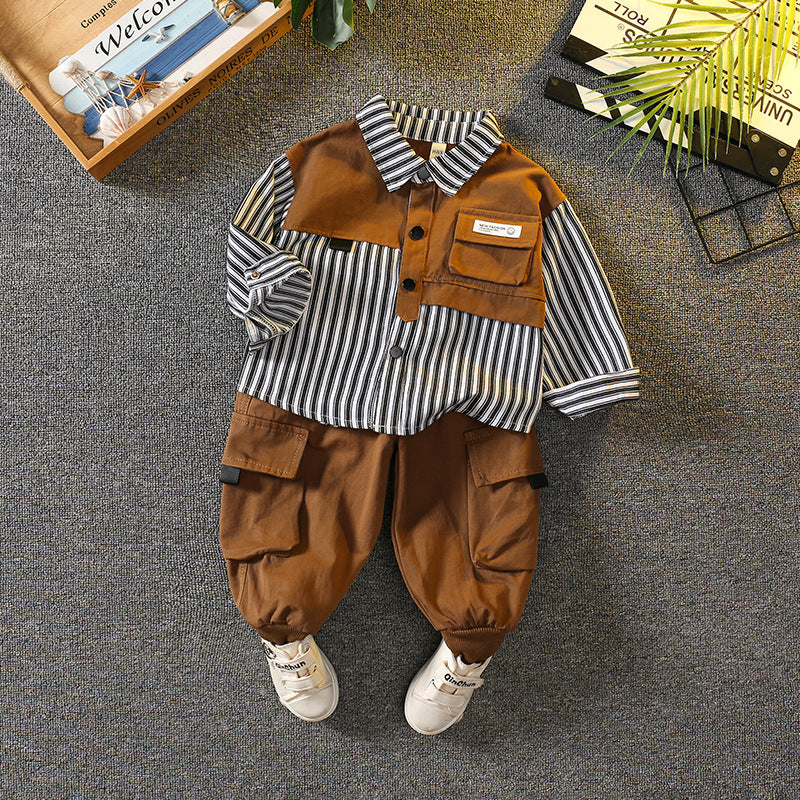 Boy Striped Contrast Pocket Shirt & Cargo Pants Set