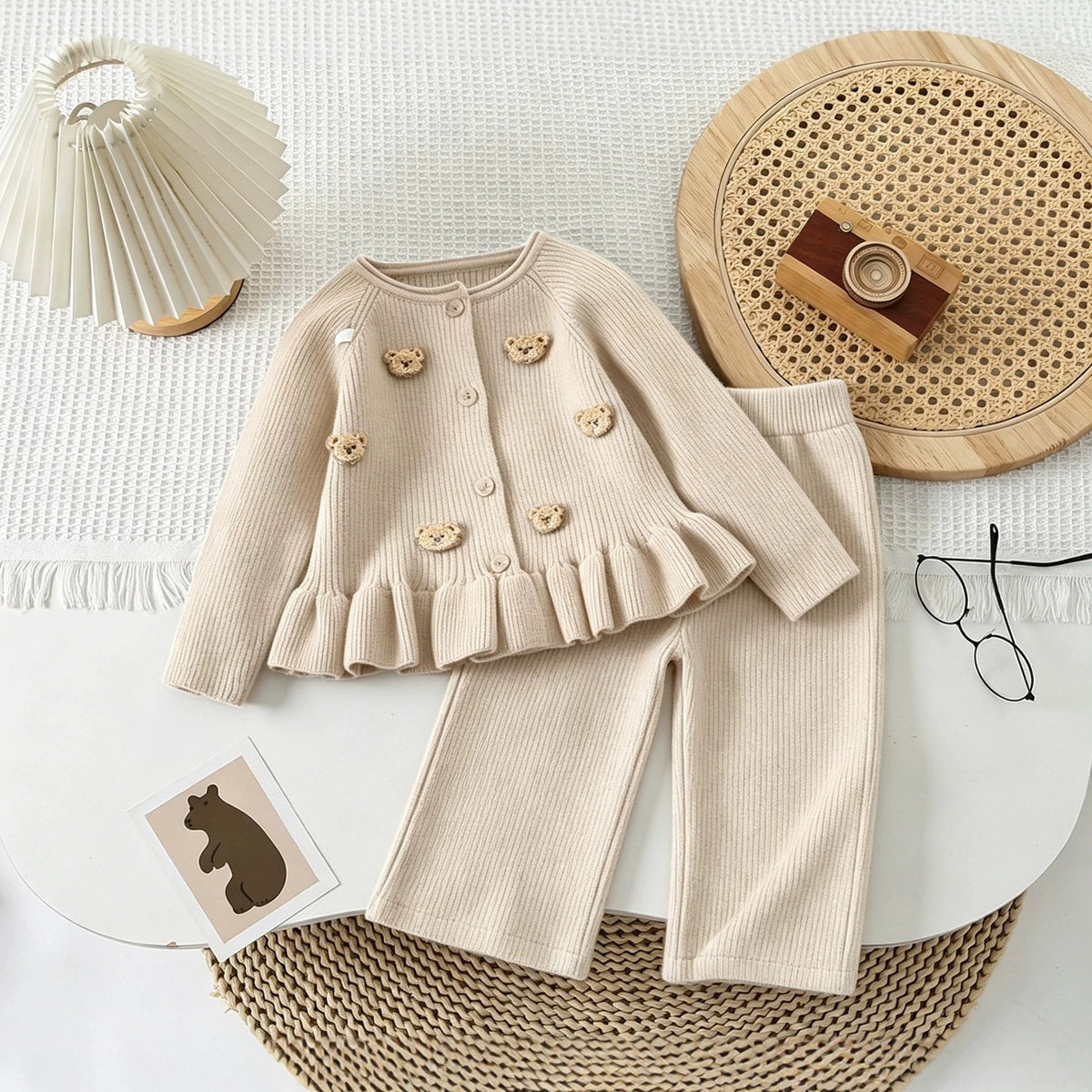 Girl Bear Applique Knit Cardigan & Pants 2-Piece Set