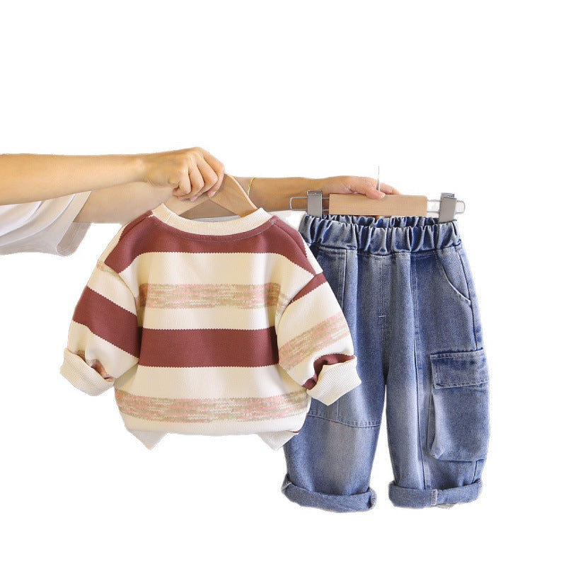 Boy Striped Pocket Sweater & Denim Cargo Pants Set