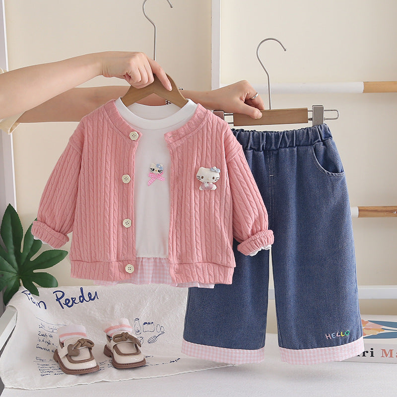 Girls Cable Knit Cardigan Sweater 3-Piece Spring Autumn Set