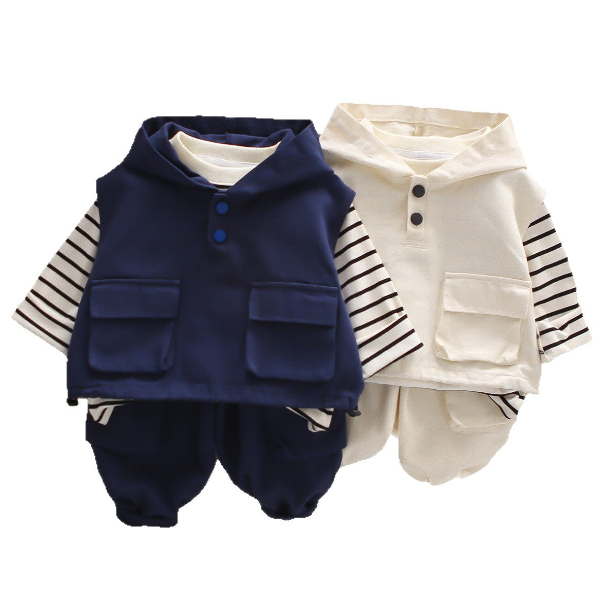 Boys Striped Hooded Cargo Vest 3 Piece Set