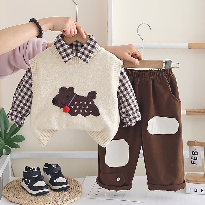 Boy Dog Motif Knit Vest, Shirt and Pants Set
