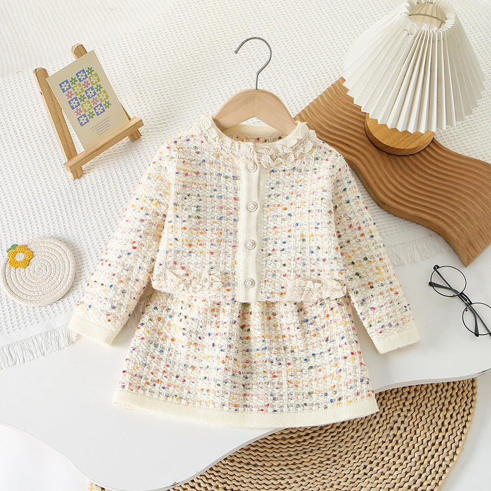 Girl Tweed Cardigan & Skirt 2-Piece Set