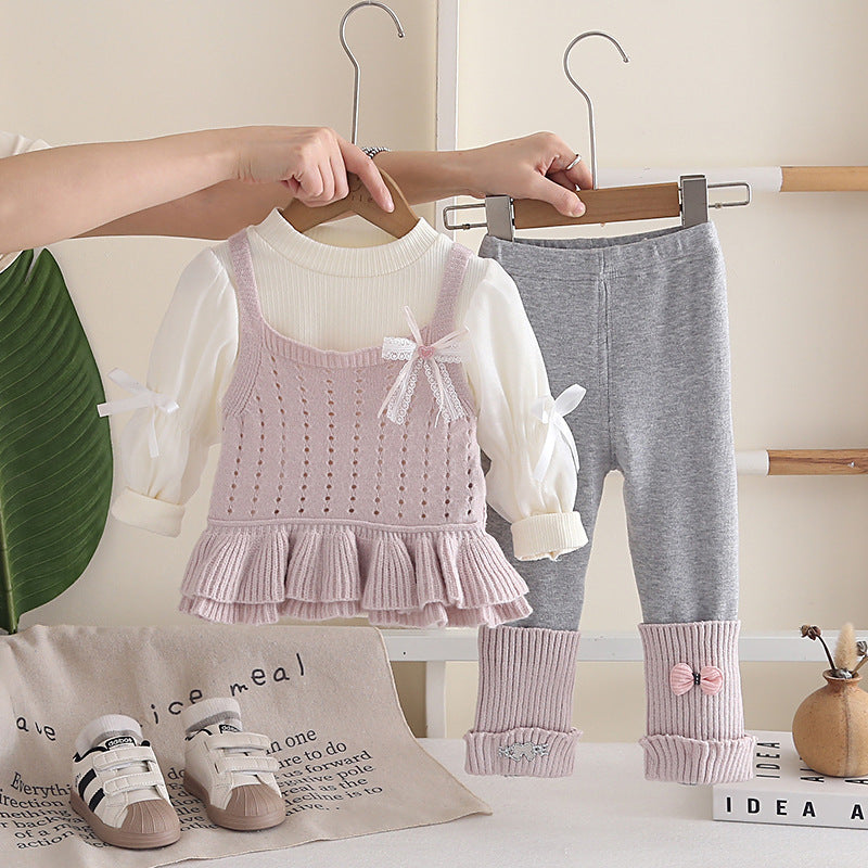 Girls Autumn Spring 3-Piece Set Bow Tie Vest Outfit
