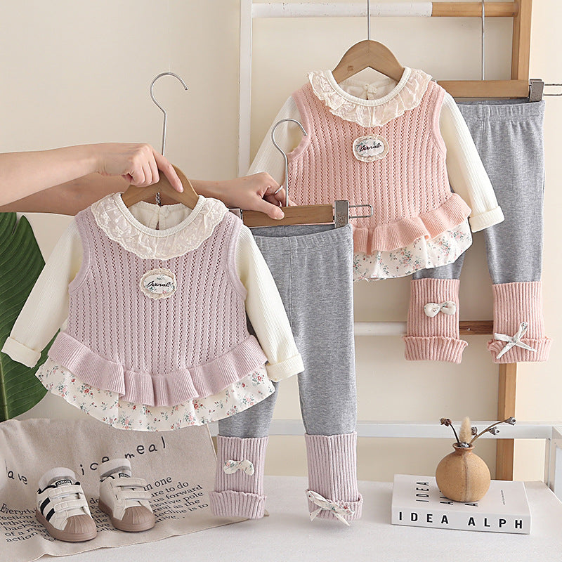 Girls Floral Print Knit Three-Piece Sweater Set