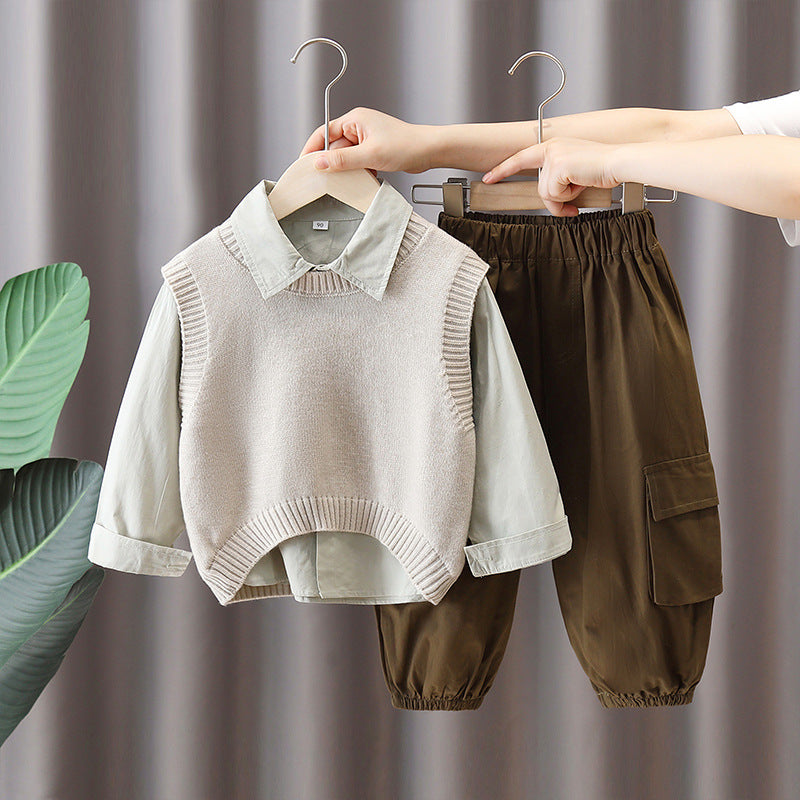 Boy Casual Shirt, Vest & Cargo Pants Set
