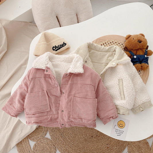 Warm lamb wool medium long style double-sided jacket