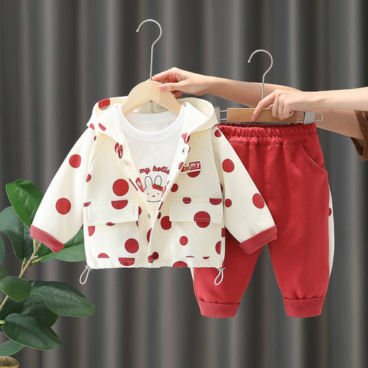 Girl Polka Dot Hooded Jacket, Top and Jogger Pants Set