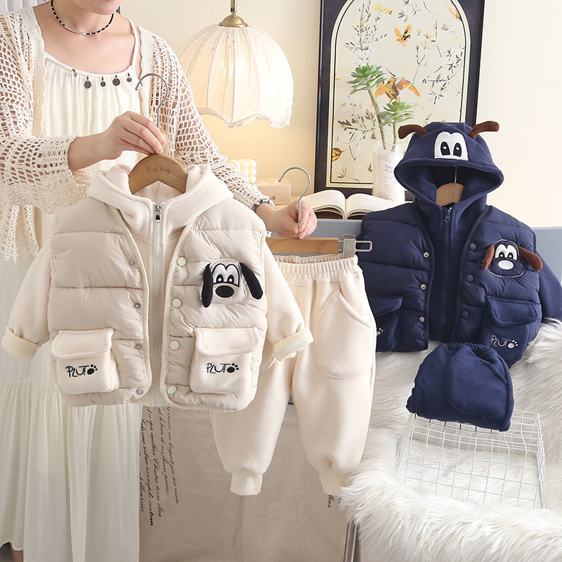 Boy Puppy Applique Hooded Jacket with Puffer Vest Set