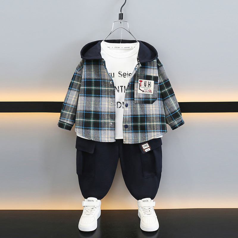 Boy Hooded Plaid Shirt & Jogger Pants Set