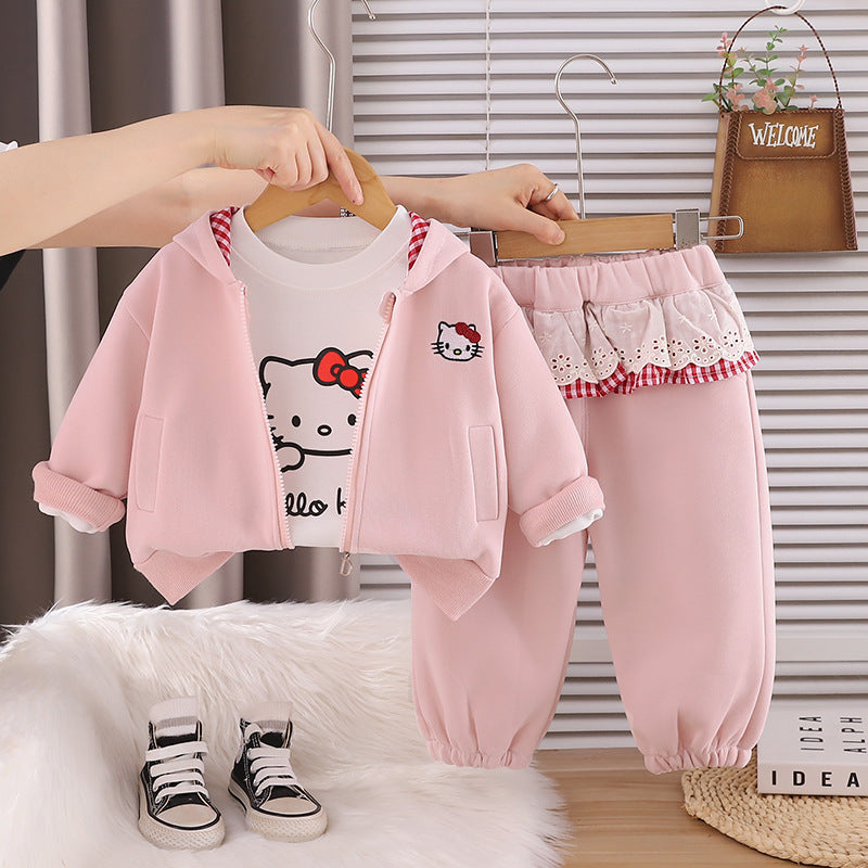 Girls Autumn Cartoon Long Sleeve Jacket 3 Piece Outfit Set