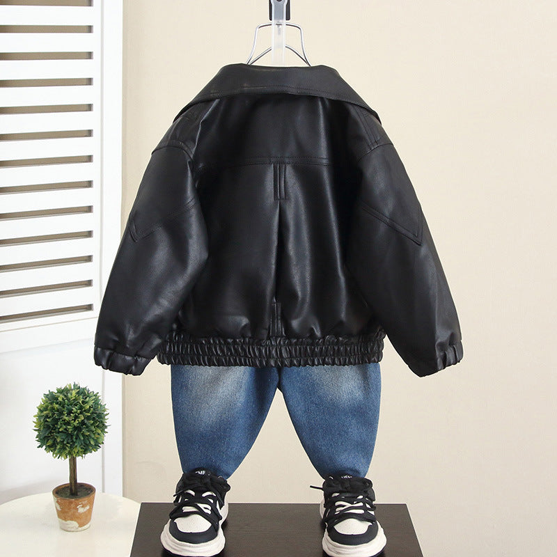 Boy Faux Leather Jacket Denim Pants 3-Piece Set