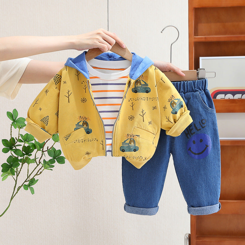Boy Printed Hooded Jacket Striped Top & Jeans 3-Piece Set