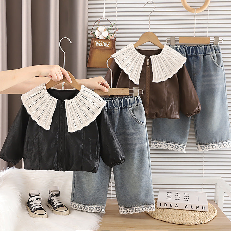 Girl Faux Leather Collar Jacket & Lace Denim Pants 2-Piece Set