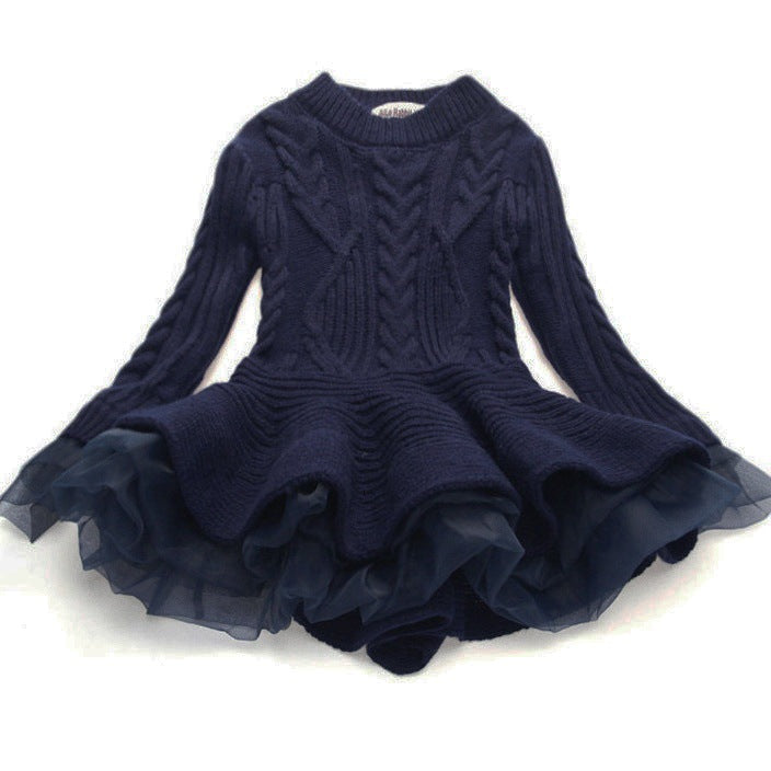 Style Knit Long Sleeve Princess Girls Sweater Dress