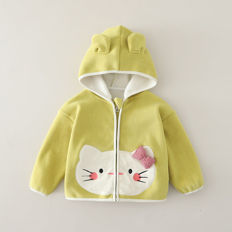 Girl Cute Cat Ear Applique Hooded Fleece Jacket