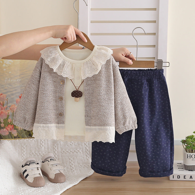 Girl Vintage Lace Collar Cardigan, Top & Pants 3-Piece Set