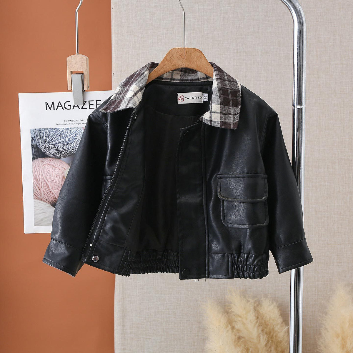 Boy Plaid Collar Faux Leather Jacket