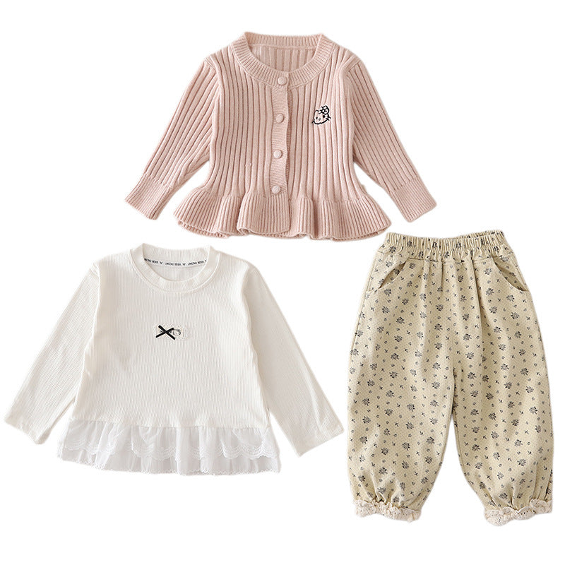 Girl Embroidered Cardigan & Floral Pants Set