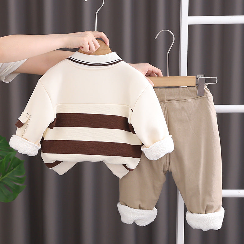 Boy Winter Fleece Lined Striped Polo Shirt & Pants Set