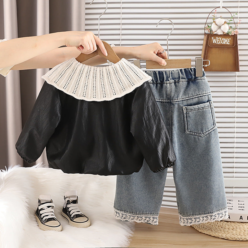 Girl Faux Leather Collar Jacket & Lace Denim Pants 2-Piece Set