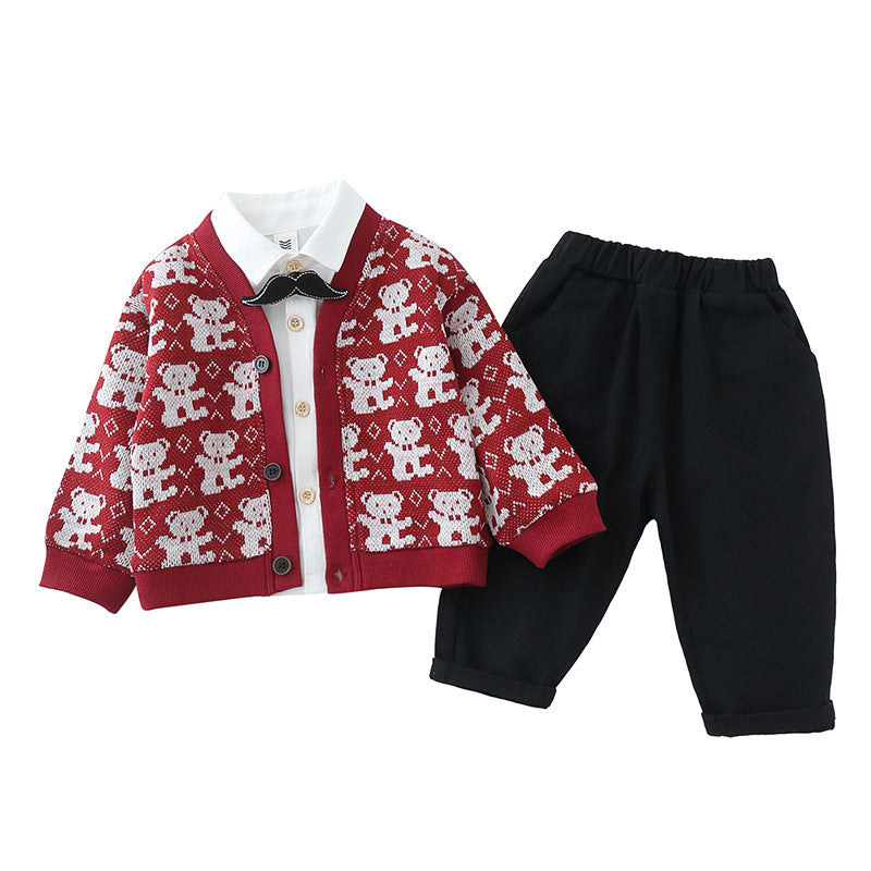 Boy Teddy Bear Pattern Cardigan, Shirt & Pants 3-Piece Set