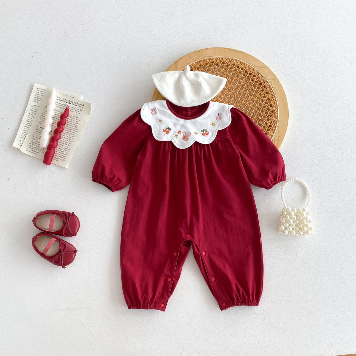 Girl Vintage Style Embroidered Collar Long Sleeve Romper
