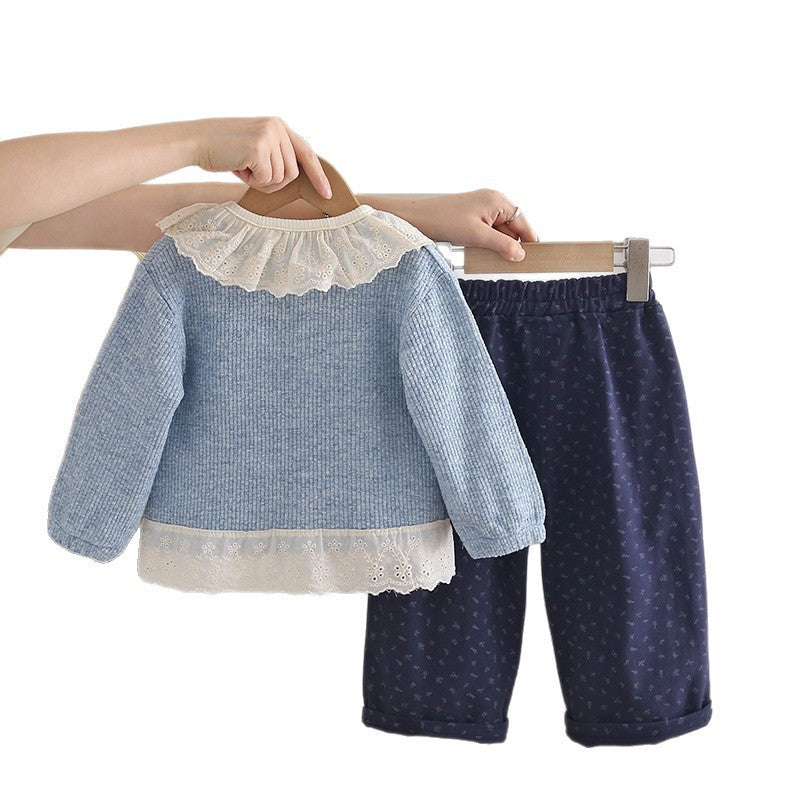 Girl Vintage Lace Collar Cardigan, Top & Pants 3-Piece Set