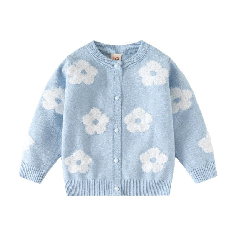 Girl Blue Floral Button Cardigan Sweater