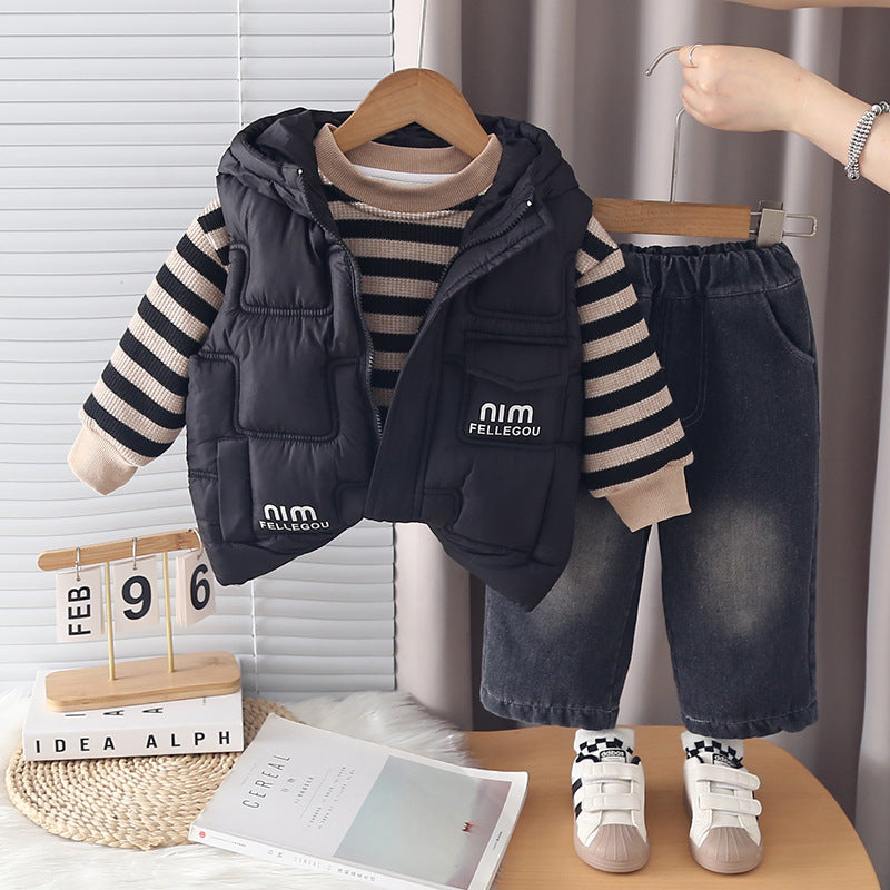 Boy Striped Sweater, Vest & Denim Pants 3-Piece Set