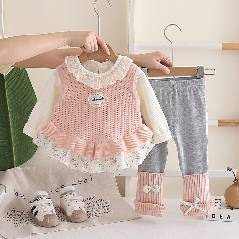 Girls Floral Print Knit Three-Piece Sweater Set