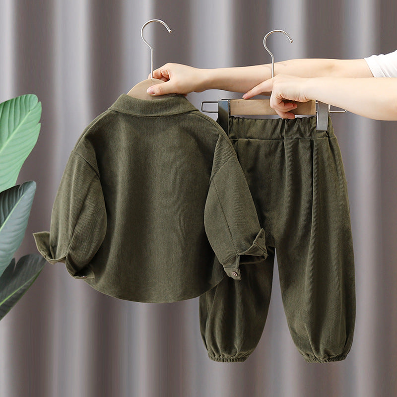 Boy Cartoon Patch Detail Corduroy Shirt & Pants Set