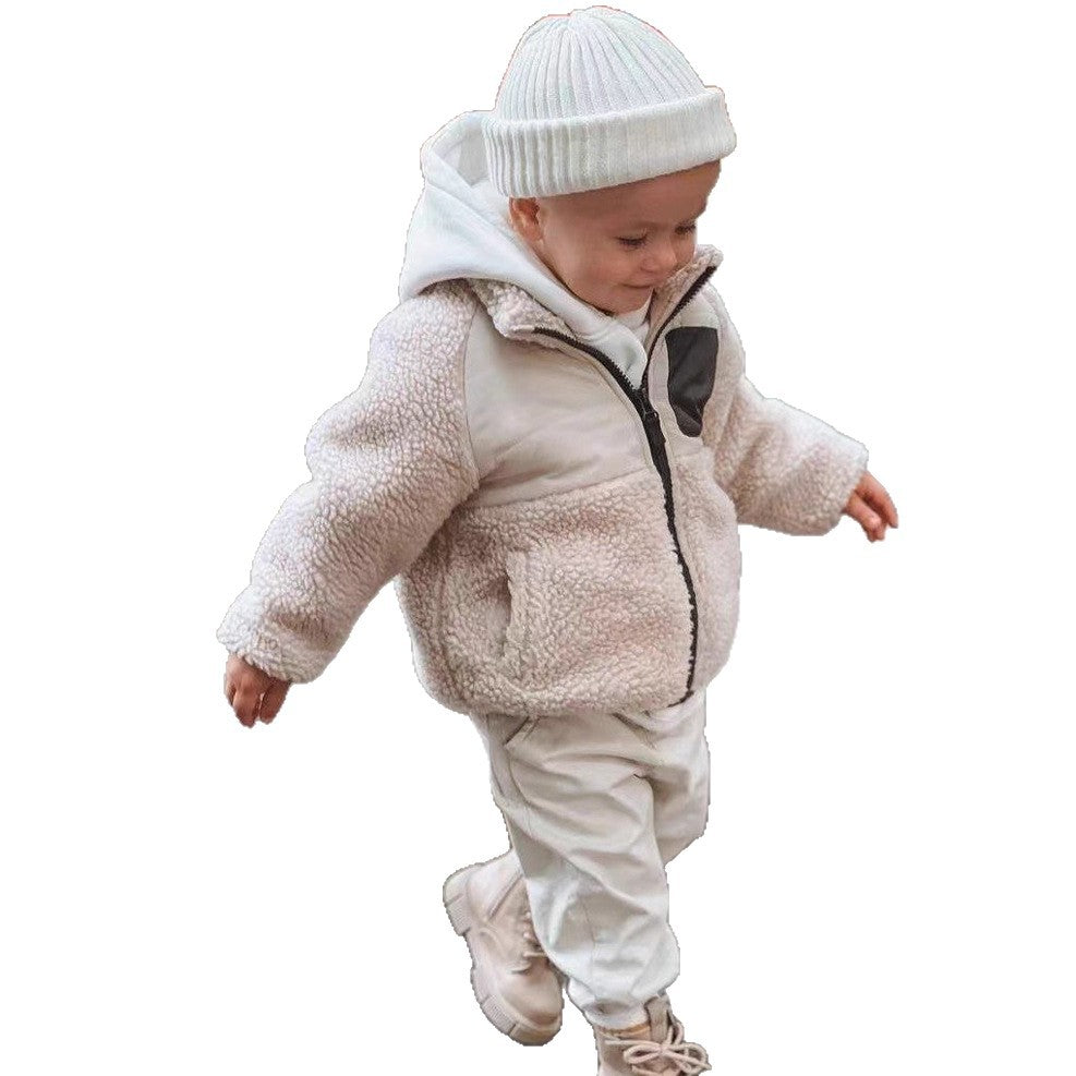 Kids Winter Sherpa Patchwork Fleece Jacket, Loose Fit Warm Hooded Coat for Baby Girls