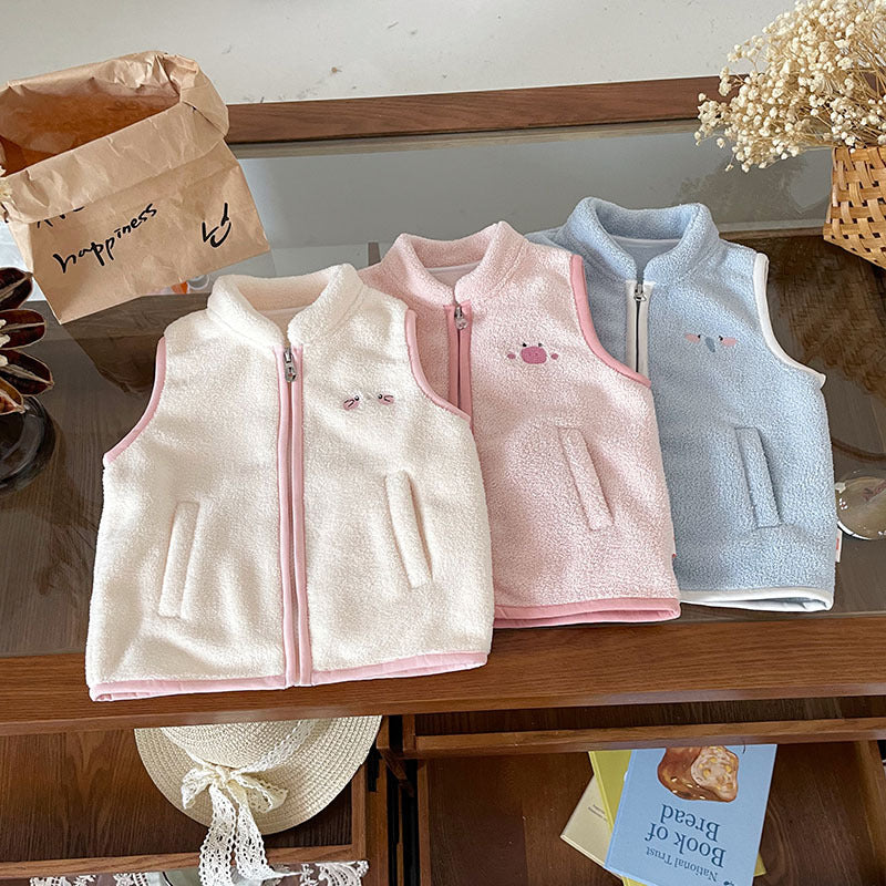 Kids' Cartoon Animal Color Block Zip-Up Fleece Stand Collar Vest for Autumn Winter