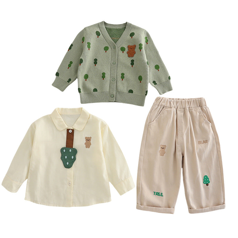 Boy Forest Tree Knit Cardigan Shirt & Pants Set