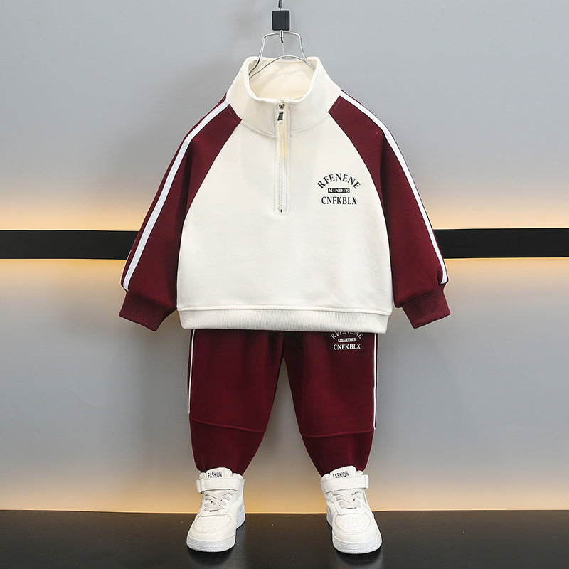 Boy Contrast Zip Pullover Top & Jogger Pants Set