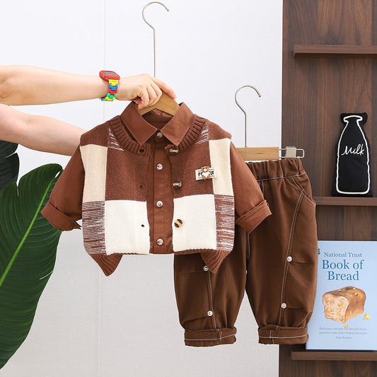 Boy Plaid Knit Vest, Shirt & Brown Pants Set