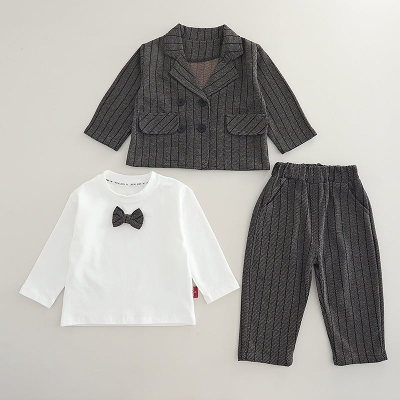 Boy Striped Bow Tie Blazer Jacket and Pants Set
