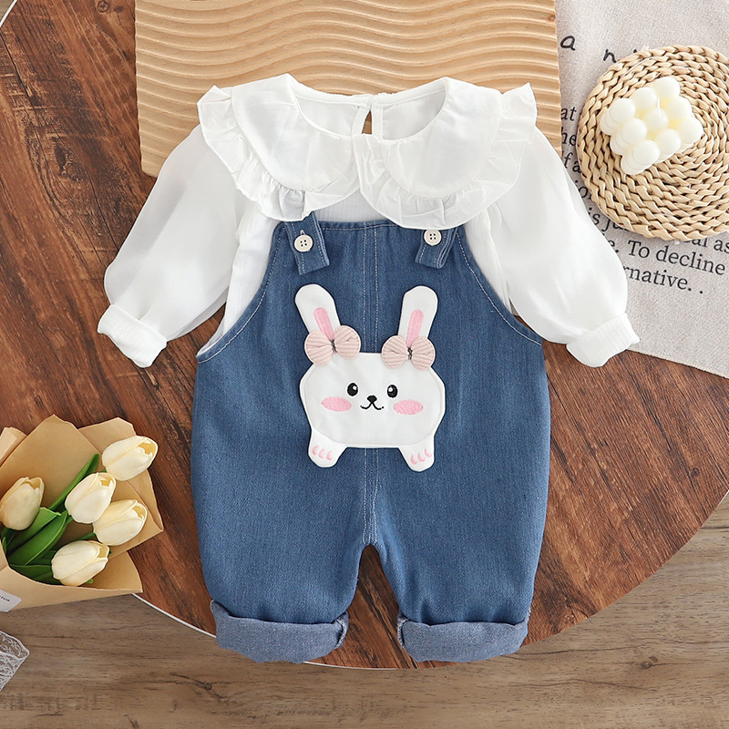 Girl Bunny Applique Denim Overalls & Blouse Set