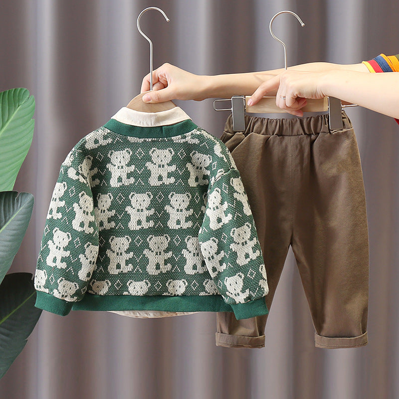 Boy Teddy Bear Pattern Cardigan, Shirt & Pants 3-Piece Set